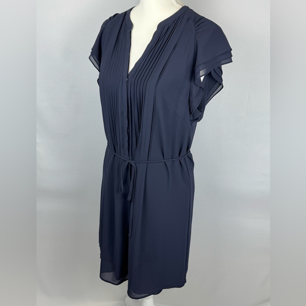 H&M Pintuck Dress Flutter Short Sleeves Tie Waist Navy Blue Lightweight Size 14 - Picture 7 of 13
